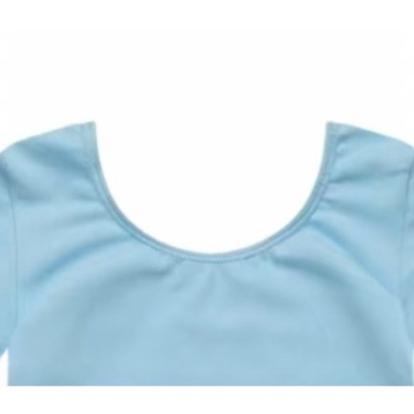 Danskin Childs Leotard Sky Blue Short Sleeve Scoop Neck Small Large Dance - Picture 3 of 11
